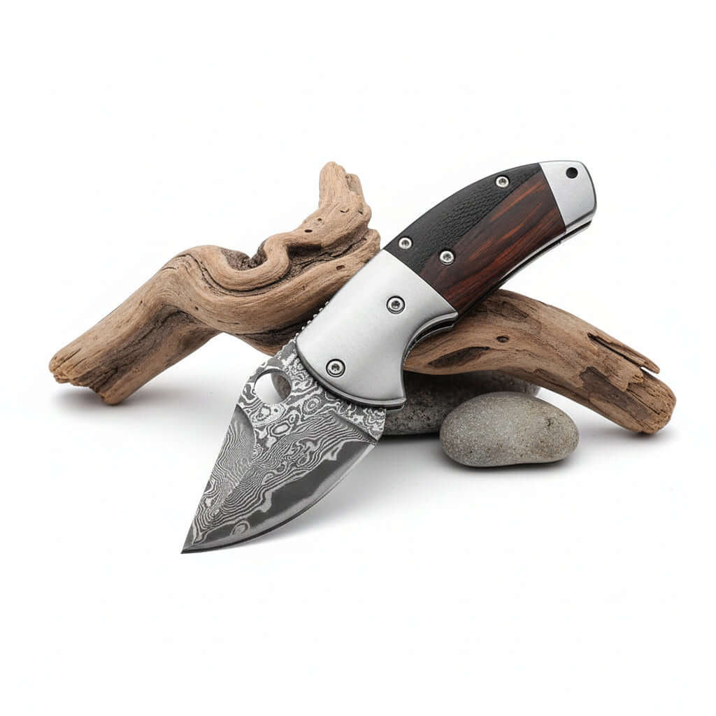 Mini Damascus Steel Folding Knife – Compact EDC Pocket Knife for Men | Gift Knife