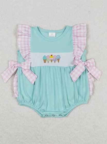 Wholesale Newborn Romper Floral Blue Jumpsuit Embroidery Chicken Toddler Kid Children Summer Matching Baby Boy Girl One-Piece