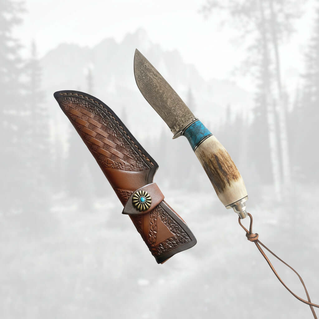 Damascus Steel Outdoor Knife Antler & Turquoise Handle Outdoor Knife