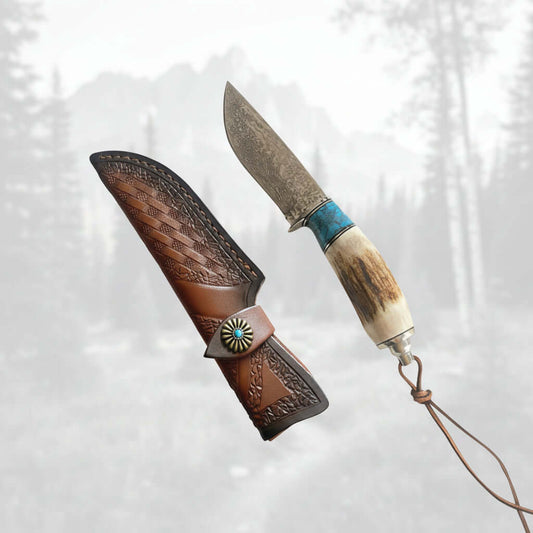 Damascus Steel Outdoor Knife Antler & Turquoise Handle Outdoor Knife