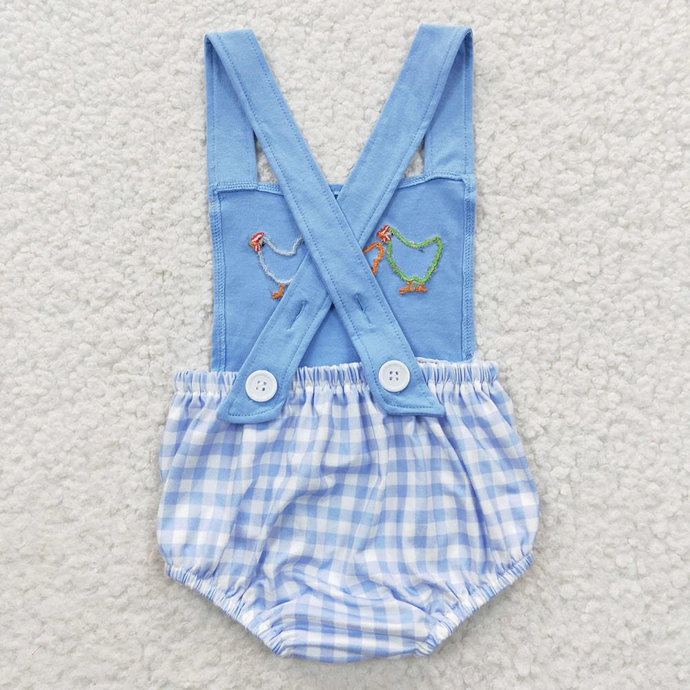 Wholesale Newborn Romper Floral Blue Jumpsuit Embroidery Chicken Toddler Kid Children Summer Matching Baby Boy Girl One-Piece