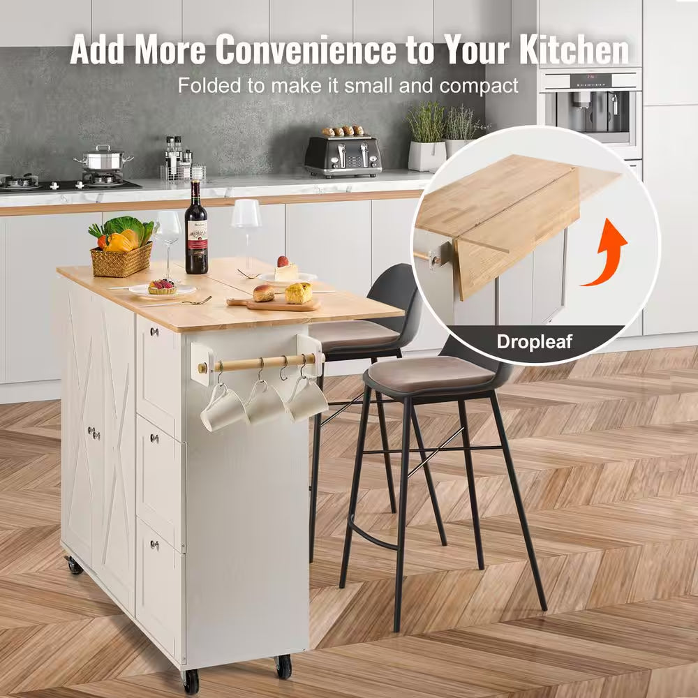 45.3 In. Width Kitchen Island Cart with Solid Natural Wood Top, Mobile Carts with Storage Cabinet, Rolling, White