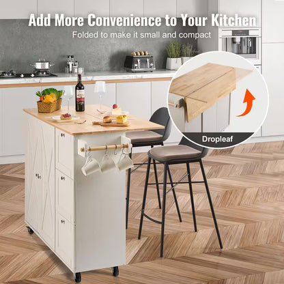 45.3 In. Width Kitchen Island Cart with Solid Natural Wood Top, Mobile Carts with Storage Cabinet, Rolling, White