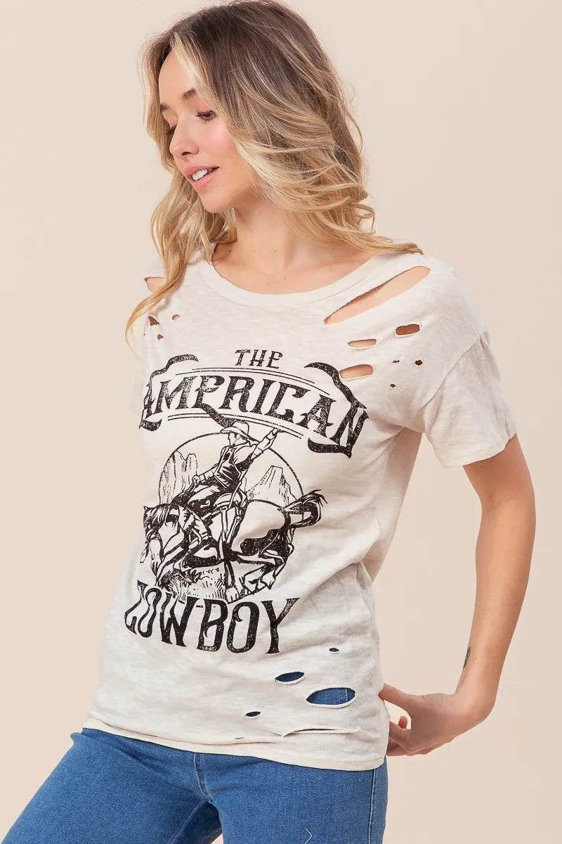 Bibi Cotton Slub Laser Top American Cow Boy Graphic