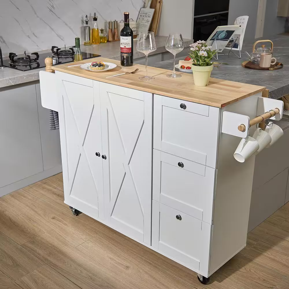 Kitchen Cart with Solid Natural Wood Top, 45.3 In. Mobile Rolling Cart with Storage Cabinet, Portable on Wheels, White