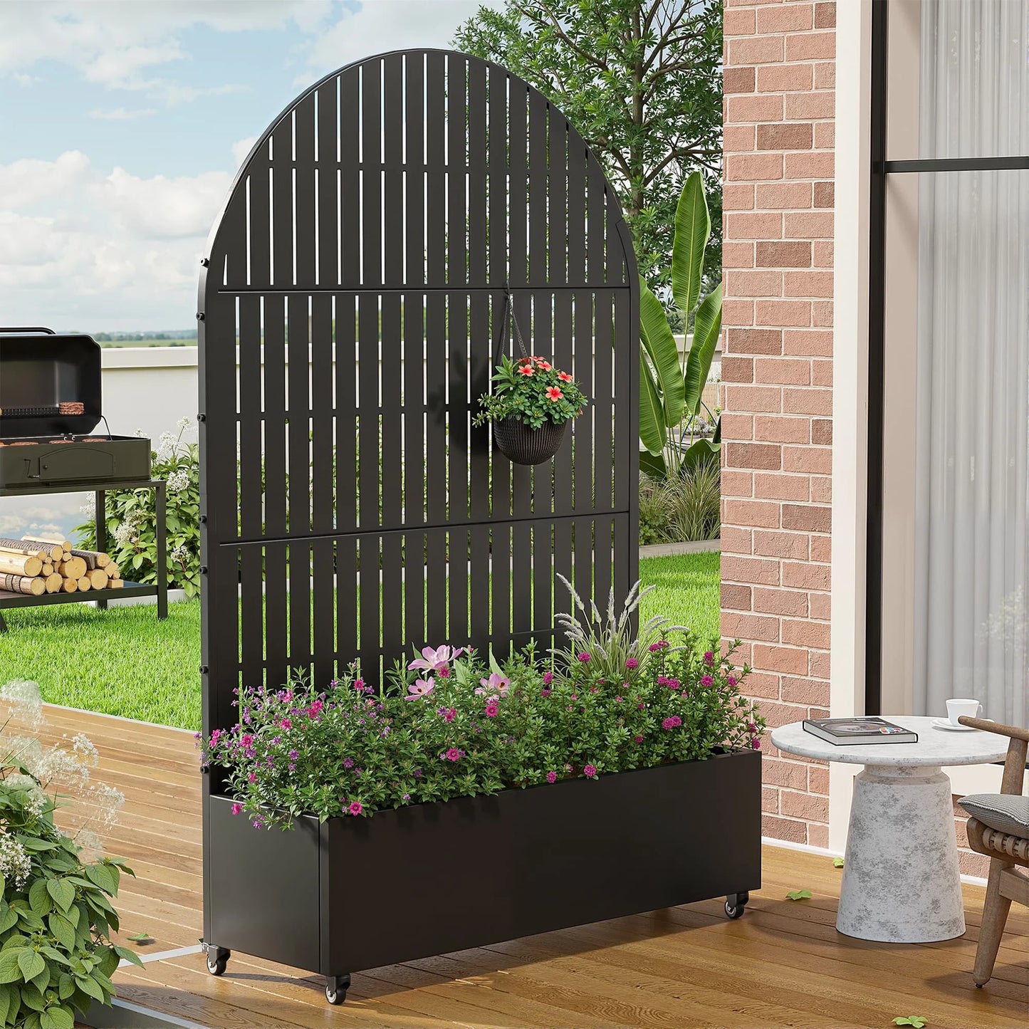 Planter Box with Trellis Iron Black Arch Vertical Fence Style 72X47X16In 3-Piece Set