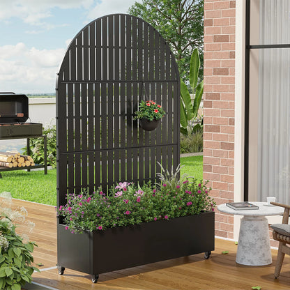 Planter Box with Trellis Iron Black Arch Vertical Fence Style 72X47X16In 3-Piece Set