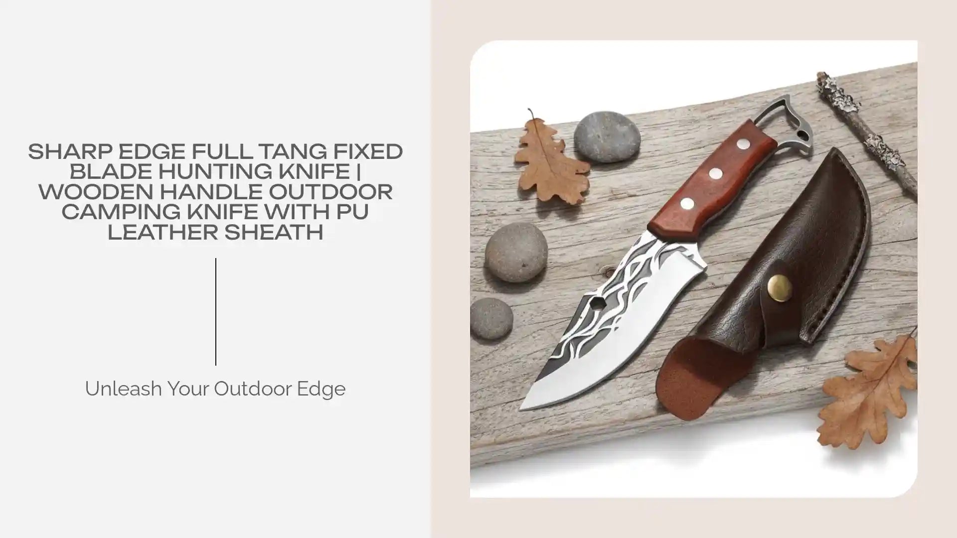 Sharp Edge Full Tang Fixed Blade Hunting Knife | Wooden Handle Outdoor Camping Knife with PU Leather Sheath by@Outfy